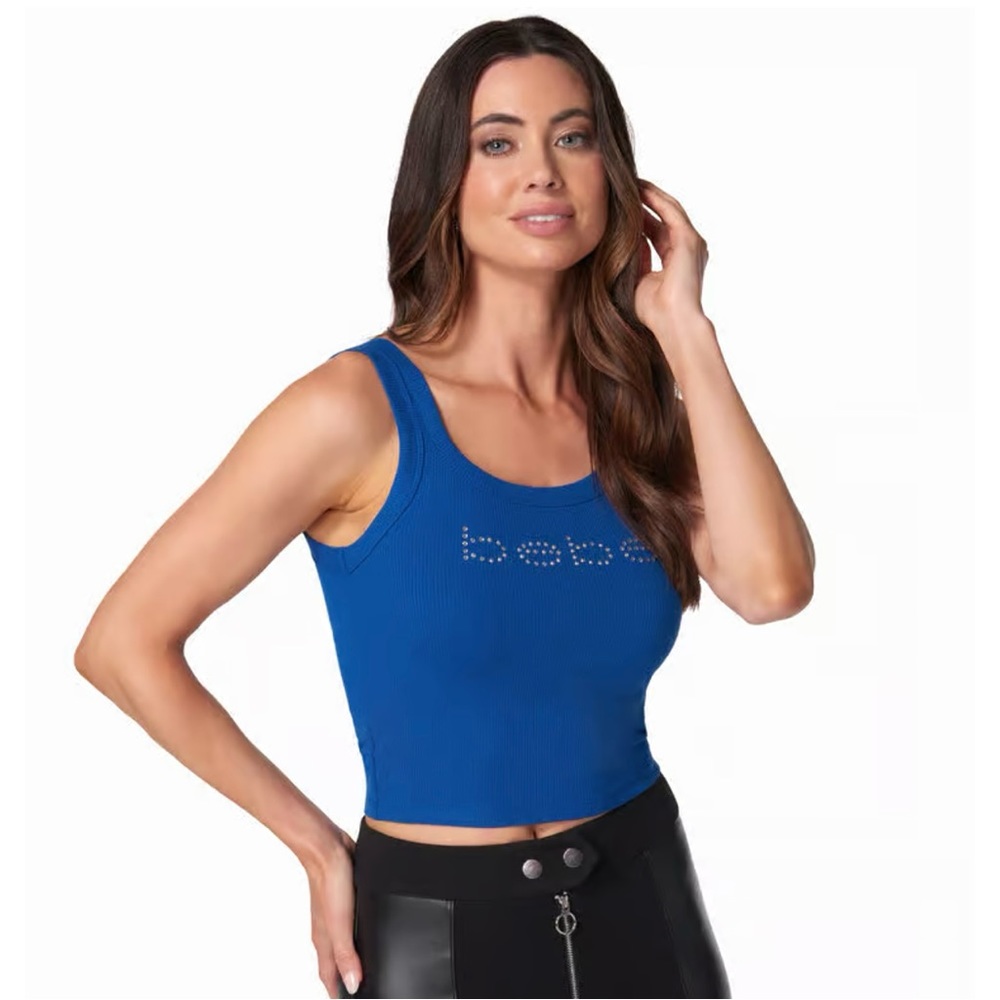 Bebe Logo Double Strap Single Stone Rib Crop Top - Galactic Cobalt, Size XS